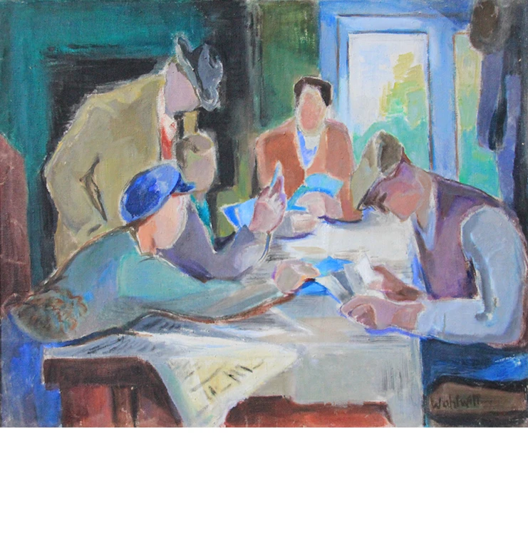 Ölgemälde von Grete Wohlwill. In einer häuslichen Umgebung spielen zwei Jungen, eine Frau und ein älterer Junge mit Schiebermütze und Pollunder Karten. Im Vordergrund steht der eine Junge mit einer Schulmütze über den Tisch gelehnt und greift zu den Karten. Es scheint eine Familie zu sein. Hinter dem Jungen steht der Vater in Hut und Mantel vorgebeugt und guckt dem Jungen beobachtend in die Karten. Auf dem schräg in der Bildmitte platzierten, rustikalen Holztisch liegt eine weiße Tischdecke, im Vordergrund liegt eine aufgeschlagene Zeitung über dem Tischrand. Im Hintergrund ist ein hohes Fenster, durch das man in helle grüne Bäume sieht. Die Gesichter sind nur eine Farbfläche, nur beim älteren Jungen gucken seine Augen konzentriert in seine Karten. Und doch lässt sich durch die Körperhaltung der Figuren genau ihre Verfassung ablesen. Es ist eine harmonische, familiäre Atmosphäre, eine häusliche Alltagsszene. Das Bild zeigt durch eine malerische Unschärfe, kräftige Farben und ein leuchtendes Blau, das Akzente setzt, den expressionistischen Einfluss.