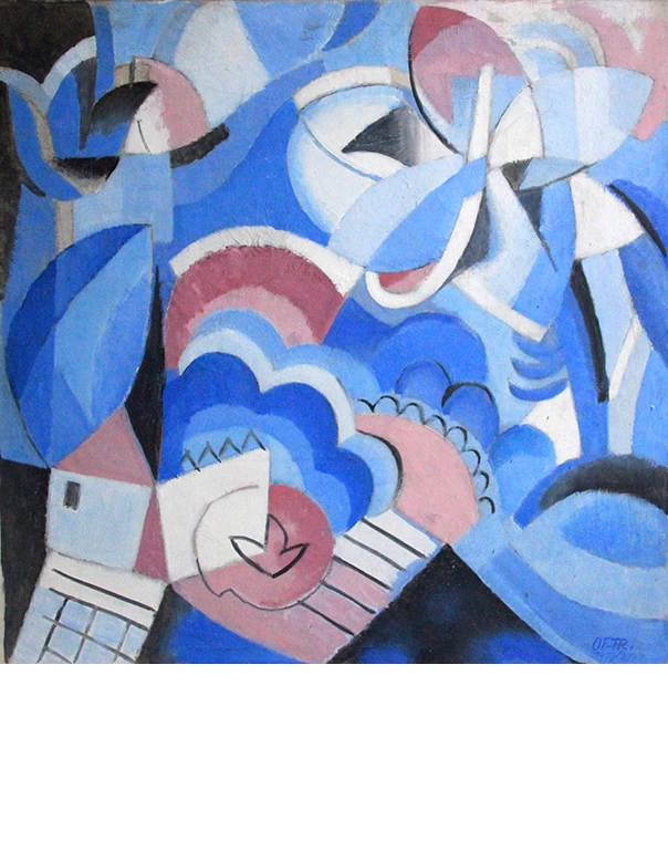 Ölgemälde von Otto Fischer-Trachau mit dem Titel: Komposition in Blau. Kubistische Malerei in leuchtenden Blautönen, die mit schwarzen und weißen Elementen noch mehr Kraft bekommen. Dazwischen erdige Rosatöne. Die undefinierten Formen erinnern teilweise an Blätter, man erkennt ein Feld mit einer untergehenden Sonne, runde Wolken, ein Haus mit Straße. Die ganze Komposition ist sehr lebendig.