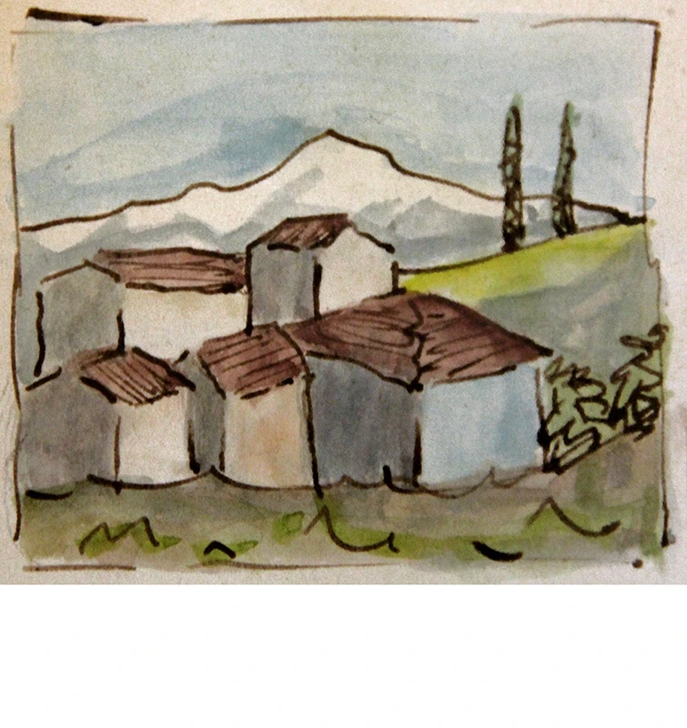Das von Hermann Hesse skizzenhaft gemalte kleine Aquarell zeigt eine Tessiner Landschaft. Nur mit jeweils einer Linie sind fünf aneinander liegenden Häusern mit ihren typischen flach geneigten, braunen Satteldächern umrissen. Sie liegen an einem schrägen grünen Hügel mit zwei hohen, schmalen Zypressen, dahinter erhebt sich ein weißer Berg vor blauem Himmel. Im Vordergrund sind mit ein paar Strichen Wiese und zwei Tannen angedeutet. Alles ist mit einem schnellen Strich quadratisch eingerahmt.