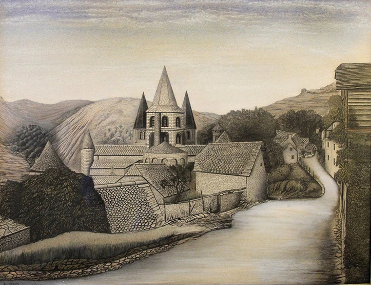 Der bekannte französische Künstler der Naiven Malerei Louis Vivin malt „Mein Heimatdorf Handol“ Ende des 19. Jh.. Als filigrane Zeichnung mit Mischtechnik ist eine Straße zu sehen, die an einer niedrig gelegenen, romanischen Steinkirche mit spitzem Turm vorbei weiter in ein kleines Dorf führt. Hinter dem Kirchturm im Zentrum des Bildes sind zwei weitere spitze Kirchtürme zu sehen. Einige steinerne Gibelhäuser und Büsche, die Straße ist mit flachen Randsteinen gesäumt. Im Hintergrund geht der Blick in die Ferne zu runden Bergen und einem Tal mit Bäumen. Alles ist bräunlich Ton in Ton gehalten.