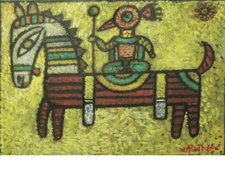 Indisches Gemälde von 1958: Ein Reiter mit Umhang sitzt im Schneidersitz auf einem Pferd und hält einen Stab in der Hand. Die pastose Malerei ist sehr vereinfacht dargestellt. Alle farbigen Flächen sind mit schwarzen Linien umrandet.