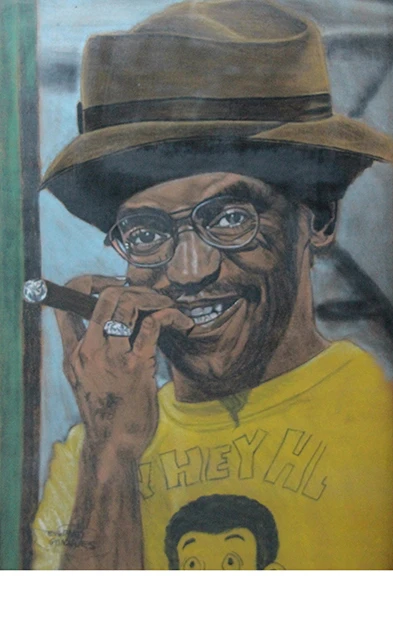 Die Illustration von 1974 zeigt einen afroamerikanischen Mann mit einer Brille und einer Zigarre in der Hand, der den Betrachter verschmitzt ansieht. Er kaut auf seinem kleinen Finger, an der Hand ein wertvoll wirkender Ring. Er trägt ein gelbes T-Shirt mit einer Affen-Comic-Figur. Auf seiner buschigen Afrofrisur sitzt ein großer brauner Schlapphut. Name des Bildes: Sammy Davis Jr..