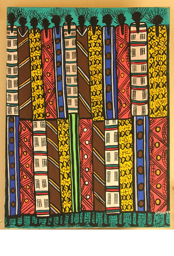 Ölgemälde aus dem Kongo mit dem Titel: Zwölf meiner Nachbarn. Hochformatig sind in zwei Reihen je 12 schmale ungerade Flächen mit grafischen Mustern aneinander gemalt. Der Hintergrund der bunten, sich wiederholenden Muster ist Grün. Ganz unten gucken 12 schwarze Beine und Füße hervor. Oben ragen 12 schwarze Kopf ähnliche Gebilde mit abstehenden Wellenlinien aus den 12 schmalen Flächen heraus.