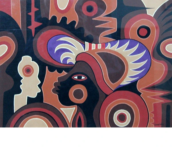 Öl auf Papier: Flächige Darstellung eines afrikanischen Kopfes mit Mütze. Um seinen Kopf sind helle Flammen oder Federn auf Blau zu sehen. Alles ist eingebunden in abstrakter, großflächiger Ornamentik von Kreisen und zackigen Formen in Rot, Orange und Schwarz.
