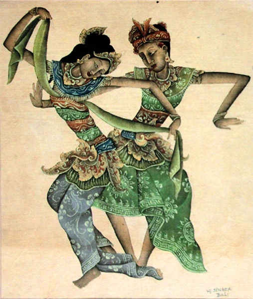 Zwei balinesische sehr schlank dargestellte Menschen tanzen barfuß mit verdrehten Armen und Körpern miteinander. Ihre Kleidungstoffe sind detailgenau mit Mustern verziert. Die Frau trägt einen bodenlangen Wickelrock und tanzt mit einem langen Schal. Der Mann hat ein Stirnband mit Federn auf und trägt ein grünes Kleid mit faltigem Rock. Das grünlich-braun gemalte Paar hebt sich stark vor dem hellbeigen, monochromen Hintergrund ab.