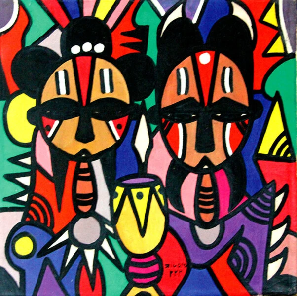 Ein sehr grell-buntes Gemälde zeigt in vereinfachter, flächiger Form, zwei afrikanischen Menschen. Sie haben im Gesicht eine Bemalung und eine verzierte Kleidung, in der Mitte steht eine verzierte Trommel. Alle Farbflächen sind mit dicken schwarzen Linien abgetrennt. Die Figuren sind Teil der gesamten Ornamentik.